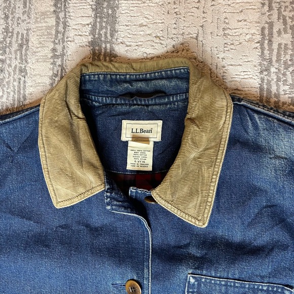 Vintage LL Bean Women LARGE Denim Chore Coat Corduroy Collar Plaid Flannel Lined - Picture 10 of 16